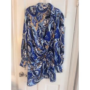Luxxel Long Sleeve Satin Colorful Wrap Mini Dress Resort Wear Abstract L‎ Artsy